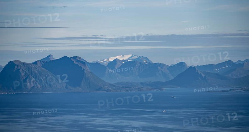 Sea Vestfjorden and mountain peaks on the coast, view from the top of Dronningsvarden or Stortinden, Vesteralen, Norway, Europe