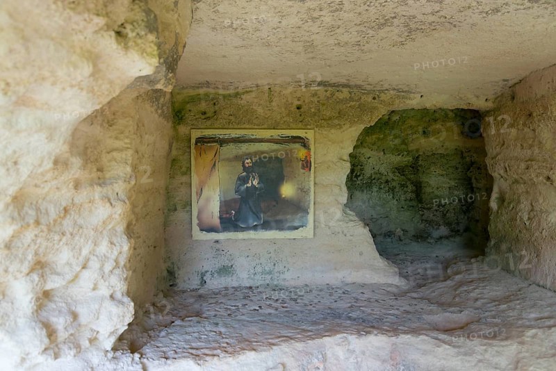 Painting in a rock niche within an eroded cave wall, prayer room, Aladja Monastery, Aladja Monastery, Aladzha Monastery, medieval rock monastery, cave monastery in limestone cliff, Varna, Black Sea coast, Bulgaria, Europe