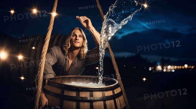 Young man Aquarius according to the zodiac sign with blond hair and blue eyes against the background of the starry sky.AI generated