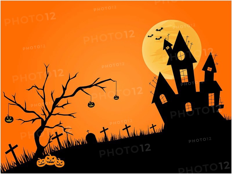 Halloween theme with haunted house silhouette, full moon, and flying bats