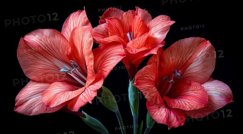 Close-up of red Butterfly sword lily, Gladiolus papilio blooms with a dramatic black background, AI generated