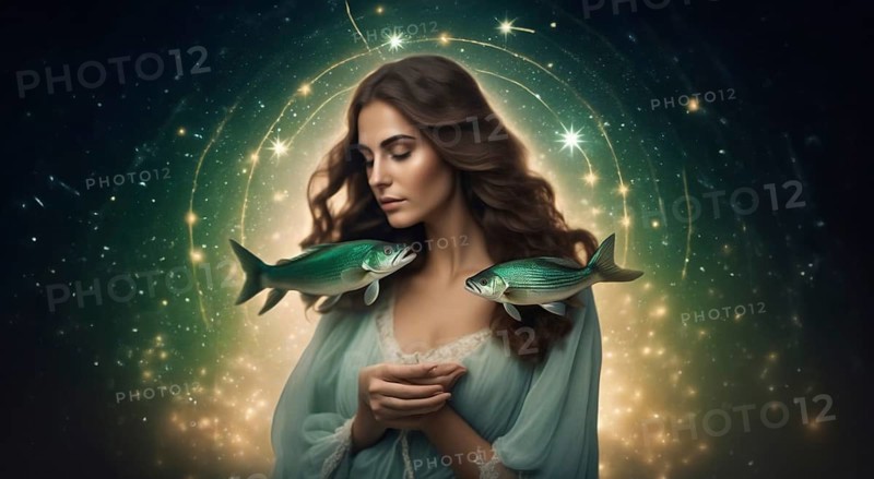 Young woman Pisces according to the zodiac sign with brown hair and blue eyes with a fish in her hands against the background of the starry sky. interpretation of the zodiac sign in human form.AI generated
