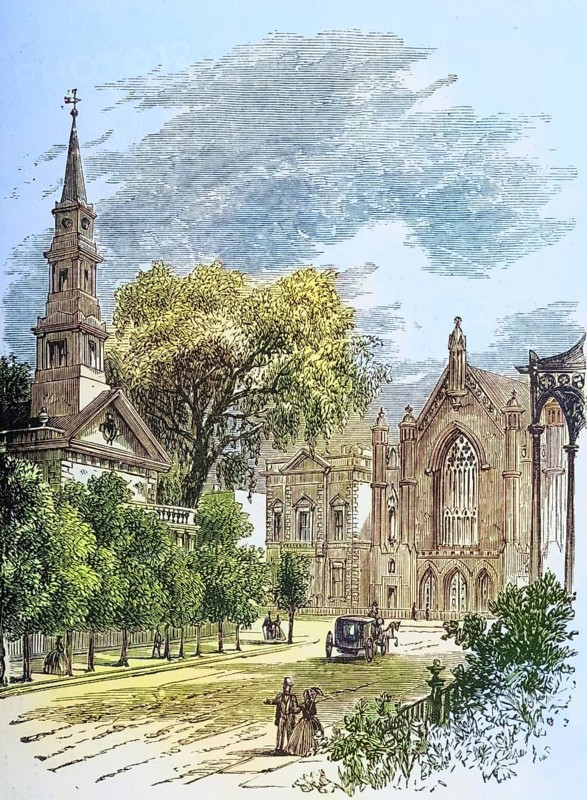 Saint Mark's Church in-the-Bowery New York in the 1870s. From American Pictures Drawn With Pen And Pencil by Rev Samuel Manning c. 1880, United States, America, Historic, digitally restored reproduction from a 19th century original, Record date not stated, North America