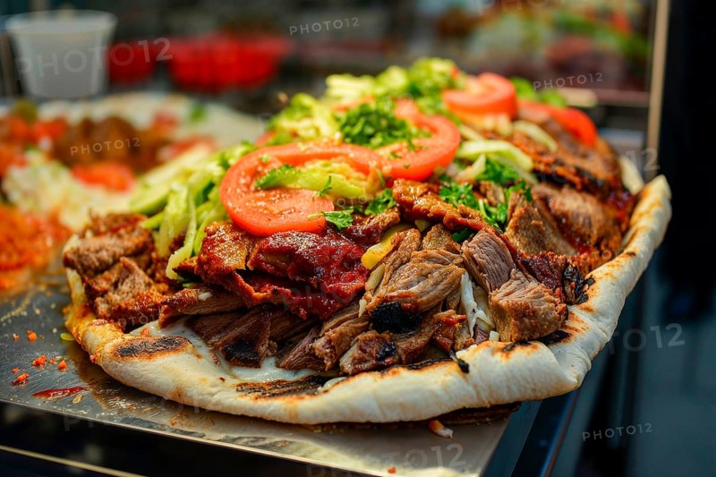 An appetising doner kebab with fresh salad, tomatoes and juicy meat on flatbread, KI generated, AI generated