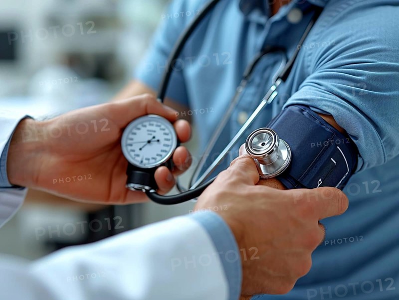 A man checks his blood pressure with a measuring device. Avoidance of bulk hypertension, scarcity, precaution, AI generated