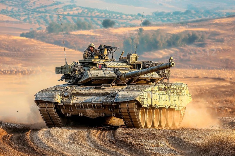 A military tank drives through dusty desert terrain, a soldier operates a machine gun, AI generated, AI generated
