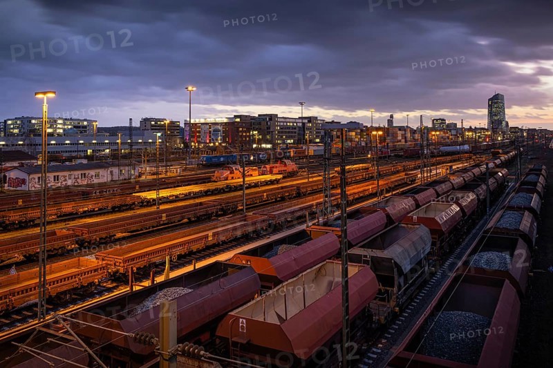 Numerous wagons are parked at the Frankfurt East freight station, near the European Central Bank (ECB) . The German Train Drivers' Union (GDL) is striking across the board in passenger transport from Wednesday, 24 January to Monday, 29 January 2024. The work stoppage at DB Cargo already began on 23 January 2024. The strike will have a massive impact on all German railway operations, Ostbahnhof, Frankfurt am Main, Hesse, Germany, Europe