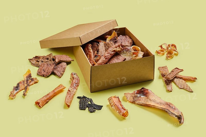Craft cardboard box with dehydrated treats for dogs