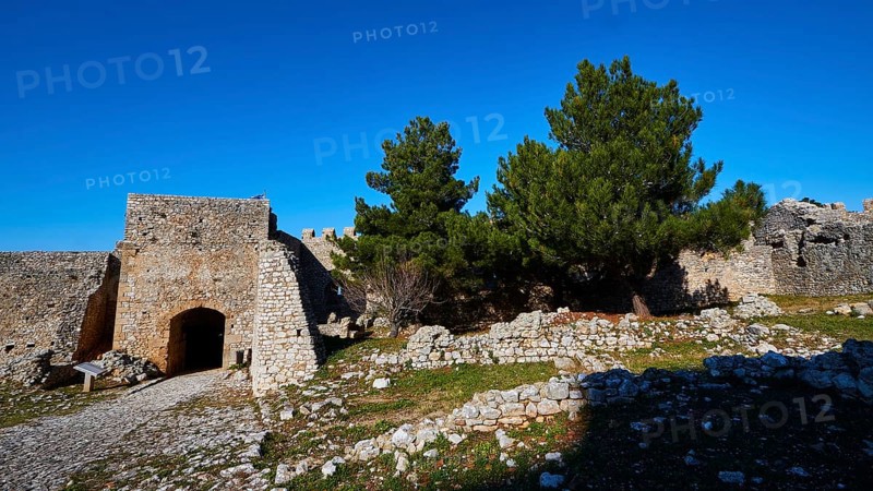 Ruins of an old fortress with a prominent pine tree, Chlemoutsi, High Medieval Crusader castle, Kyllini peninsula, Peloponnese, Greece, Europe