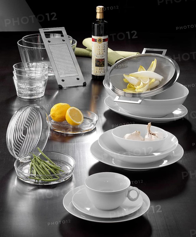 Food, cups, plates, bowls, olive oil bottle