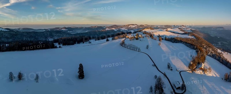 View over the Brunnersberg into the Jura, drone shot in winter, Brunnersberg, Solothurn, Switzerland, Europe
