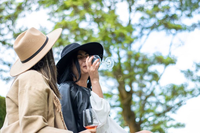 Lifestyle of young friends in hats sitting on the grass toasting with wine. Side view of two women friends in hats sitting drinking wine sitting on the grass