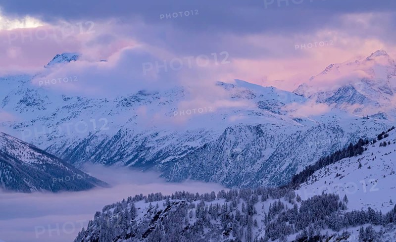 Mountain panorama, foggy landscape, Belalp, Naters, Brig, Canton Valais, Switzerland, Europe