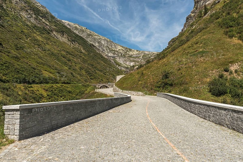 Gotthard Pass, old pass road Tremola with cobblestones, Airolo, Canton Ticino, Switzerland, Europe