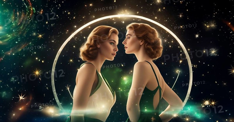 Young woman Gemini by zodiac sign with brown hair and green eyes against the background of the starry sky. interpretation of the zodiac sign in human form. AI generated