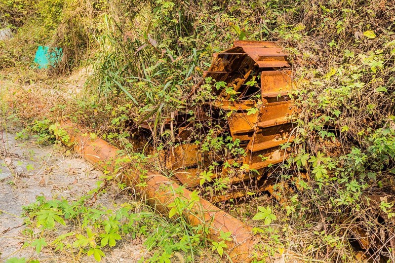 Broken and rusted tracks from old bulldozer covered with vines and weeds on hillside in wilderness