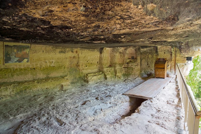 Interior view of a cave with frescoes and wooden structures, church, Aladja Monastery, Aladja Monastery, Aladzha Monastery, medieval rock monastery, cave monastery in limestone rock, Varna, Black Sea coast, Bulgaria, Europe