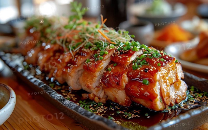 Glazed pork belly topped with sesame seeds and greens, served on a metal plate, AI generated