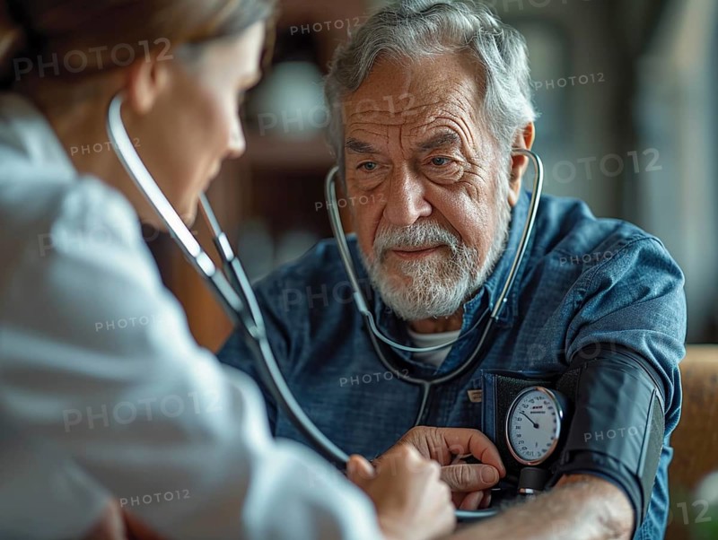 A man checks his blood pressure with a measuring device. Avoidance of bulk hypertension, scarcity, precaution, AI generated