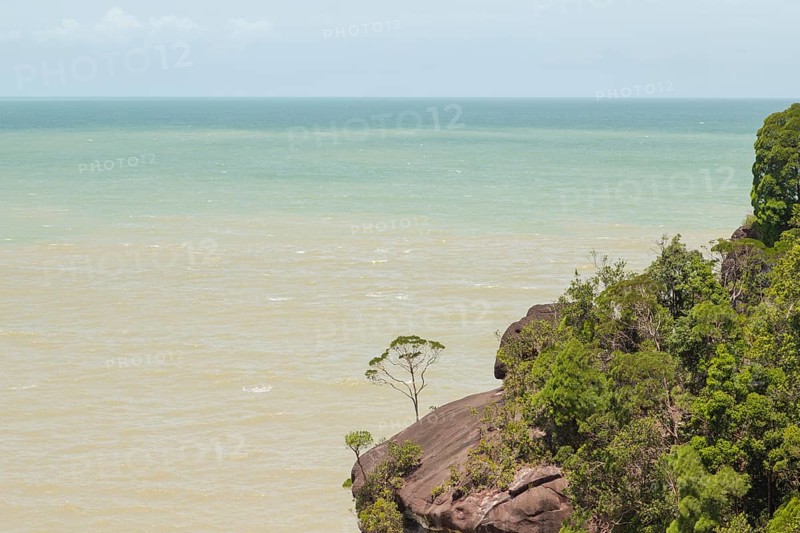 Bako national park, sea sandy beach, sunny day, blue sky and sea. Vacation, travel, tropics concept, no people, Malaysia, Kuching, Asia