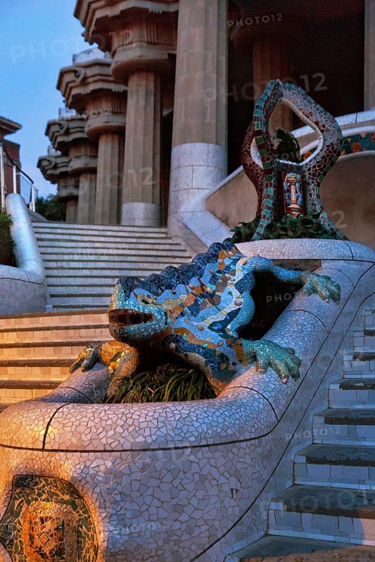 Dragon Staircase, Staircase in Park Güell, Sculpture Salamander El Drac, Mosaic, Trencadis, Sunrise, Gracia, Barcelona, Spain, Europe