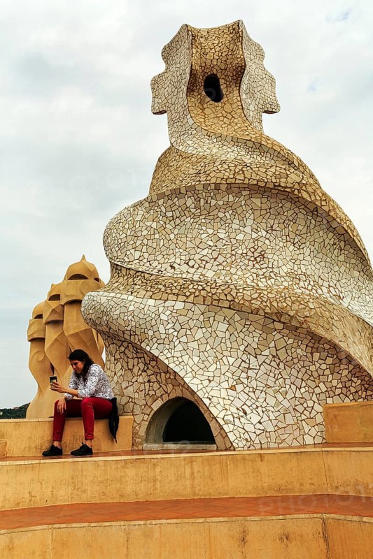 Screw-shaped chimney in the Garden of Warriors, mosaic, roof terrace, museum, cultural centre, Casa Mila, Casa Milà, Barcelona, Spain, Europe