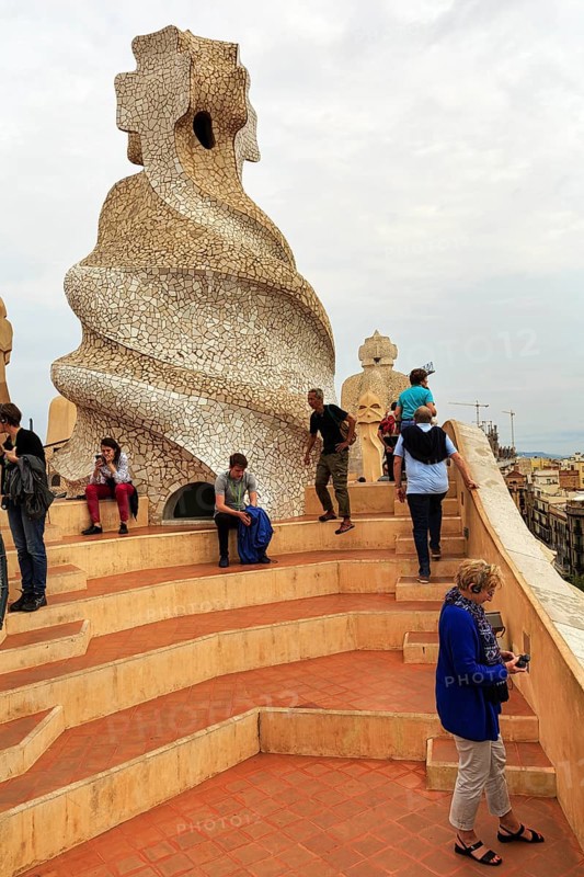 Tourist group, helical chimney in the Garden of Warriors, mosaic, roof terrace, museum, cultural centre, Casa Mila, Casa Milà, Barcelona, Spain, Europe