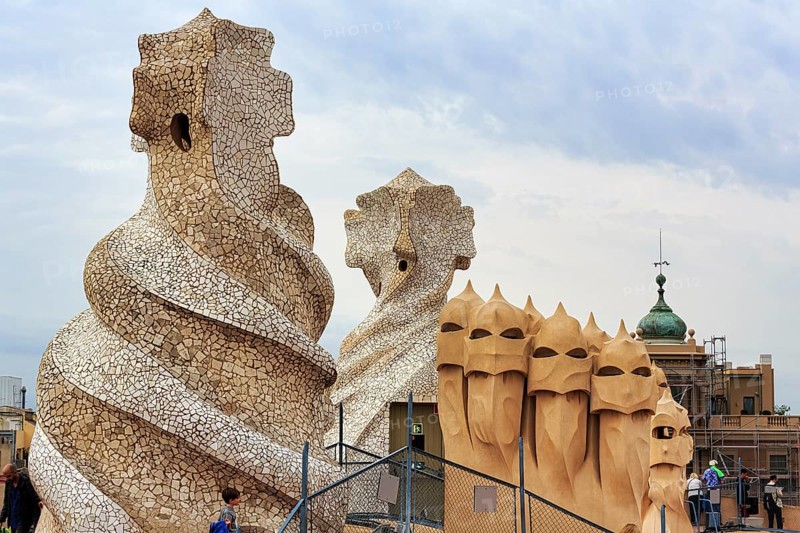 Artfully designed fireplaces, garden of warriors on the large roof terrace, museum, cultural centre, Casa Mila, Casa Milà, Barcelona, Spain, Europe