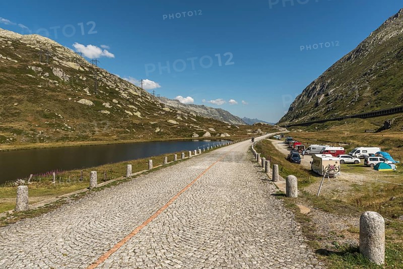 Gotthard Pass, campsite and old pass road with cobblestones, Canton Ticino, Switzerland, Europe
