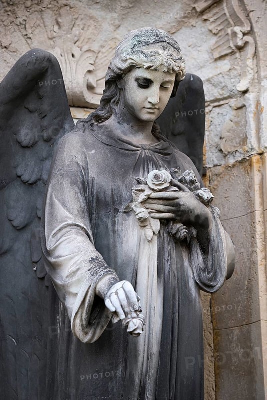 Statue of a mourning angel with roses and pronounced wings in a cemetery, androgynous, female or male angel figure with roses, historical grave monument, angel figure, angel statue, angel statue, mourning, condolence, death, transience, cemeteries on Bergmannstraße, Berlin-Kreuzberg, Berlin, Germany, Europe