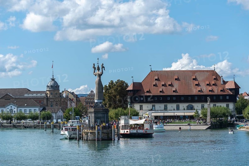 Constance on Lake Constance, Council building, harbour, ship restaurant, Imperia statue, passenger ships, Baden-Württemberg, Germany, Europe