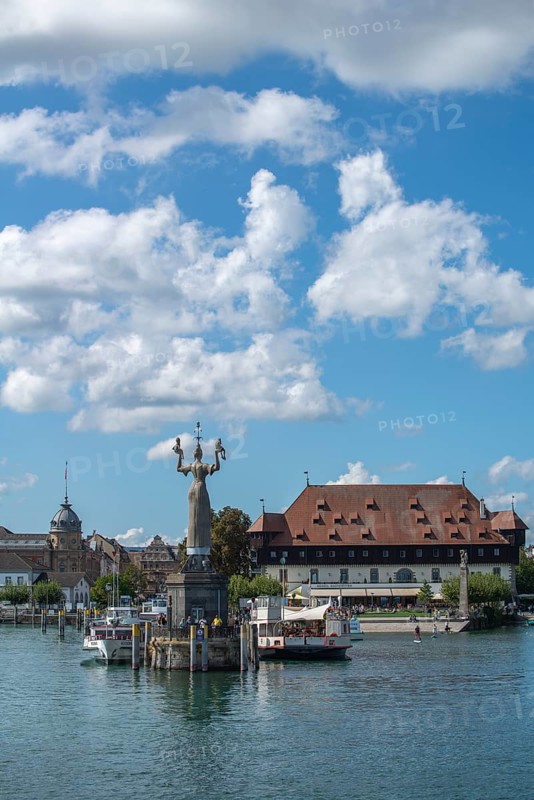 Constance on Lake Constance, Council building, harbour, ship restaurant, Imperia statue, passenger ships, Baden-Württemberg, Germany, Europe