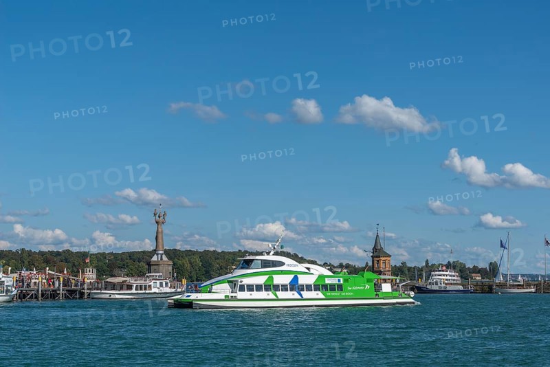 Constance at Lake Constance, harbour entrance, passenger ships, catamaran, lighthouse, statue Imperia, Baden-Württemberg, Germany, Europe