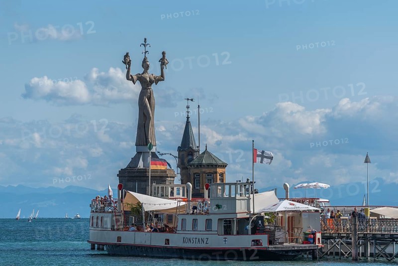 Constance on Lake Constance, harbour, restaurant ship, statue Imperia with emperor and pope, jetty, Baden-Württemberg, Germany, Europe