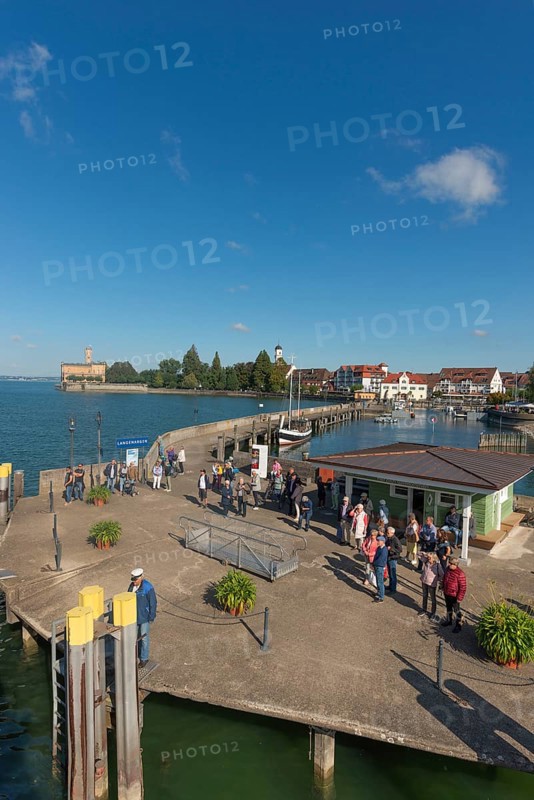 Langenargen on Lake Constance, jetty, Montfort Castle, Moorish architectural style, tower, peninsula, tourists, Baden-Württemberg, Germany, Europe