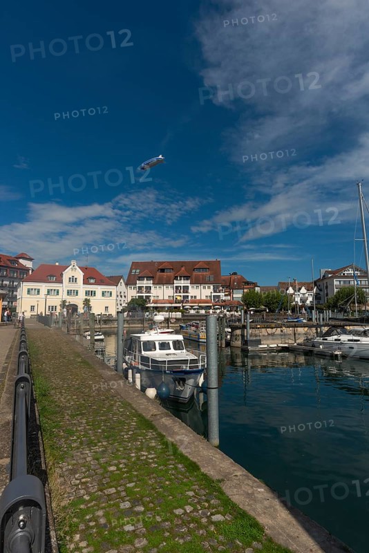 Langenargen on Lake Constance, townscape, harbour, boats, quay wall, zeppelin, Baden-Württemberg, Germany, Europe