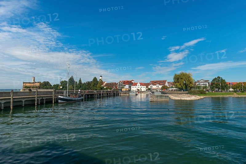 Langenargen on Lake Constance, townscape, harbour, cutter, quay wall, Baden-Württemberg, Germany, Europe