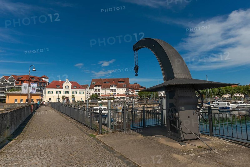 Langenargen on Lake Constance, townscape, harbour, historic crane, boats, quay wall, Baden-Württemberg, Germany, Europe