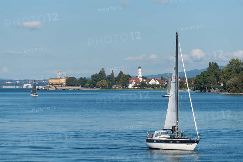 Langenargen on Lake Constance, townscape, Montfort Castle, Moorish architectural style, tower, peninsula, St Martin's Church, sailing boats, Baden-Württemberg, Germany, Europe