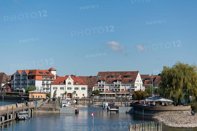 Langenargen on Lake Constance, townscape, harbour, boats, quay wall, restaurant, Baden-Württemberg, Germany, Europe