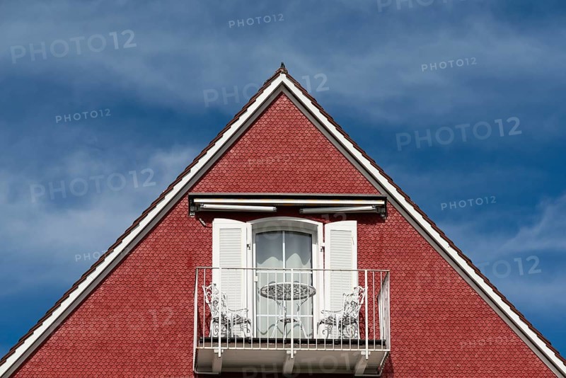 Langenargen on Lake Constance, building, gable, balcony, table, chairs, door, symmetry, detail, blue sky, Baden-Württemberg, Germany, Europe