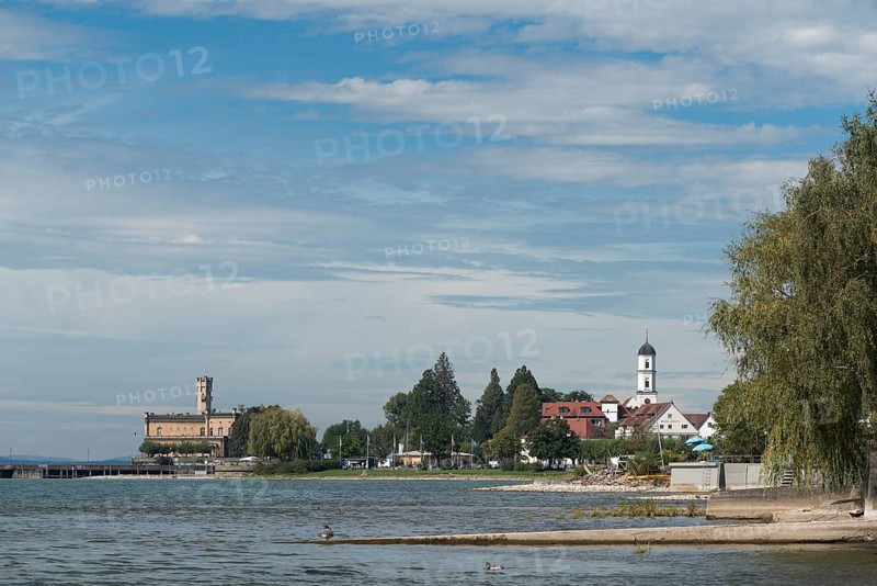 Langenargen on Lake Constance, Montfort Castle, Moorish architectural style, tower, peninsula, lakeshore, St Martin's Church, Baden-Württemberg, Germany, Europe