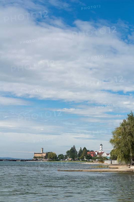 Langenargen on Lake Constance, Montfort Castle, Moorish architectural style, tower, peninsula, lakeshore, St Martin's Church, Baden-Württemberg, Germany, Europe