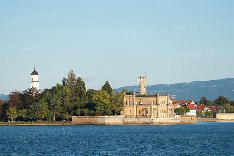 Langenargen on Lake Constance, Montfort Castle, Moorish architectural style, tower, peninsula, St Martin's Church, park, landmark, Baden-Württemberg, Germany, Europe