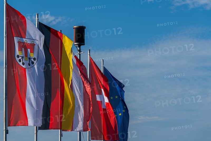 Kressbronn am Bodensee, flags, Germany, Austria, Switzerland, Europe, flagpole, blue sky, Baden-Württemberg, Germany, Europe