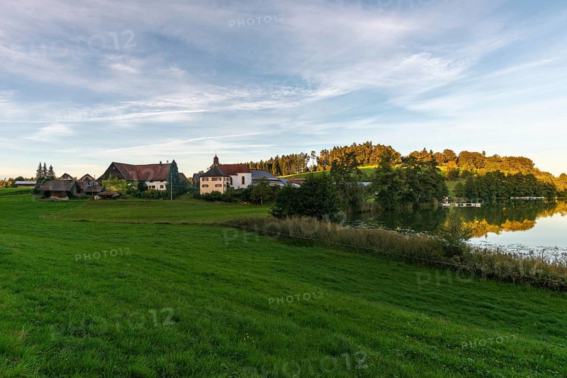 Kressbronn am Lake Constance, district Nitzenweiler, Hofgut Schleinsee, lakeside, chapel, pasture, water reflection, forest, Baden-Württemberg, Germany, Europe
