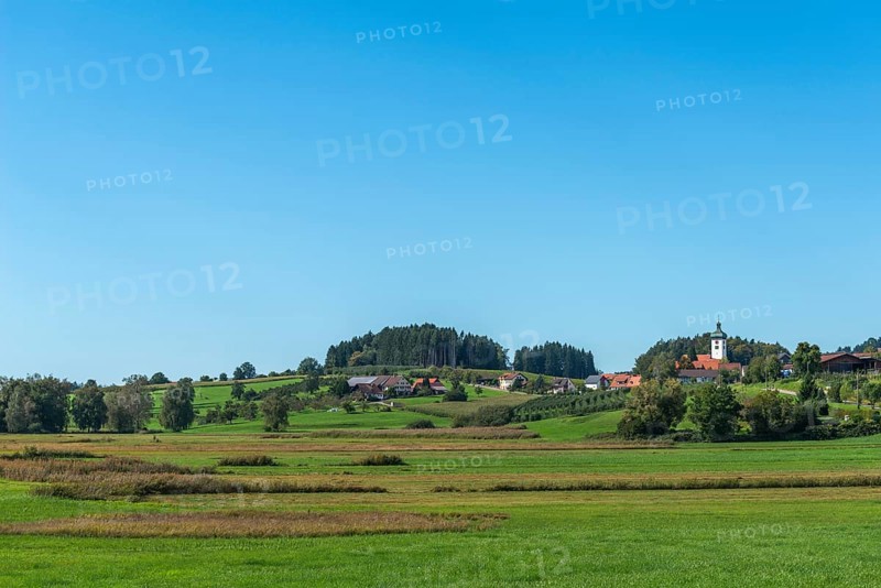 Lindau am Lake Constance, district Unterreitnau, parish church with onion dome, fields, forest, Bavaria, Germany, Europe