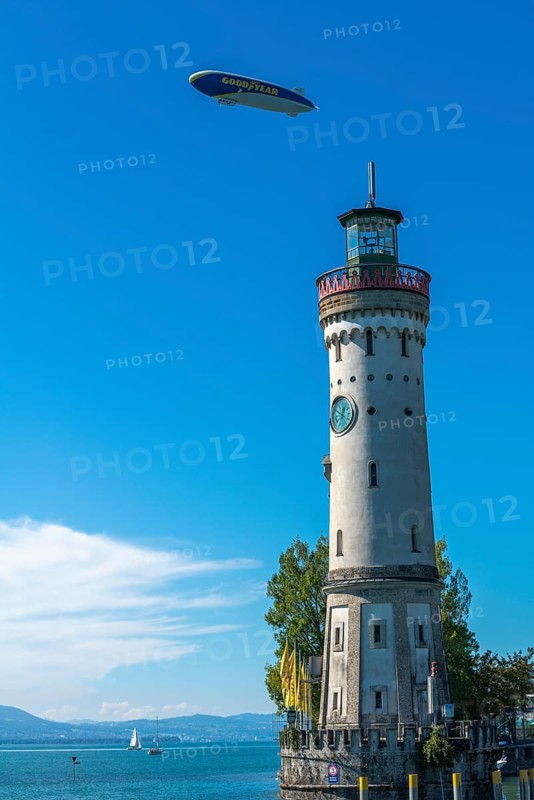 Lindau on Lake Constance, Zeppelin, new lighthouse, Alpine view, Bavaria, Germany, Europe