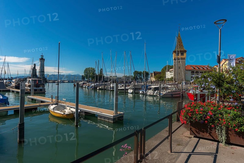 Lindau on Lake Constance, marina, jetty, new lighthouse, mang tower, flower box, Bavaria, Germany, Europe