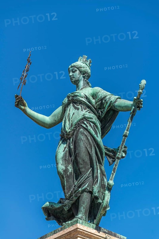 Lindau on Lake Constance, Lindavia fountain, Lindavia statue, town wall, crown, helm, blue sky, Bavaria, Germany, Europe